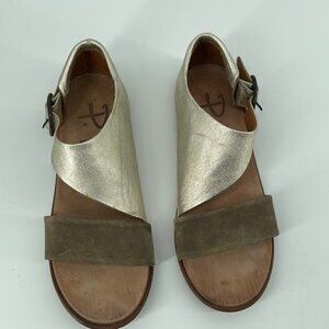 P Monjo Sandals Daniela Leather Gold Tan Neutral Flats Summer Unique Sz 7